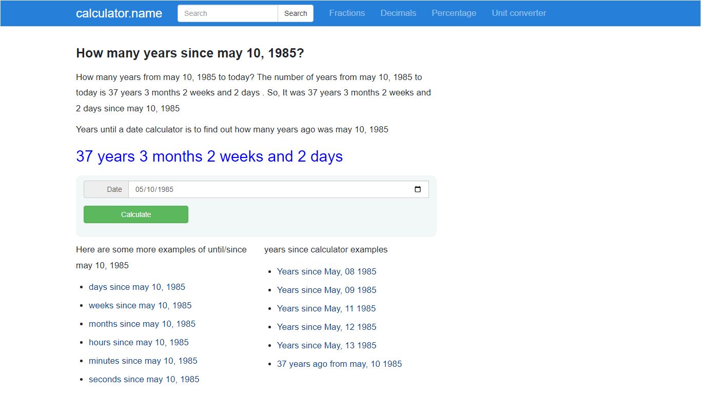 How many years since may 10, 1985? - calculator.name